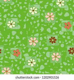 Seamless pattern with flowers enclosed in squares on the background of irregular spots.