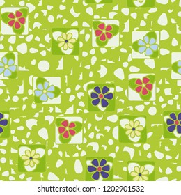 Seamless pattern with flowers enclosed in squares on the background of irregular spots.