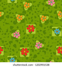 Seamless pattern with flowers enclosed in squares on the background of irregular spots.