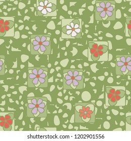 Seamless pattern with flowers enclosed in squares on the background of irregular spots.