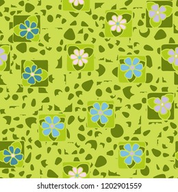 Seamless pattern with flowers enclosed in squares on the background of irregular spots.