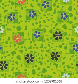 Seamless pattern with flowers enclosed in squares on the background of irregular spots.