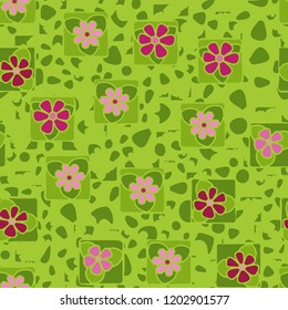 Seamless pattern with flowers enclosed in squares on the background of irregular spots.