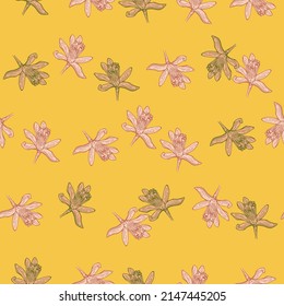 Seamless pattern flowers engraved. Vintage background of garden floral in hand drawn style. Vector repeated color design texture for print, fabric, wrapping, wallpaper, tissue.