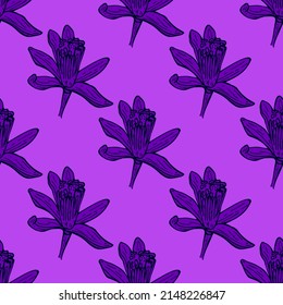 Seamless pattern flowers engraved. Vintage background of garden floral in hand drawn style. Vector repeated color design texture for print, fabric, wrapping, wallpaper, tissue.