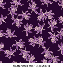 Seamless pattern flowers engraved. Vintage background of garden floral in hand drawn style. Vector repeated color design texture for print, fabric, wrapping, wallpaper, tissue.