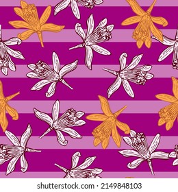 Seamless pattern flowers engraved. Vintage background of garden floral in hand drawn style. Vector repeated color design texture for print, fabric, wrapping, wallpaper, tissue.