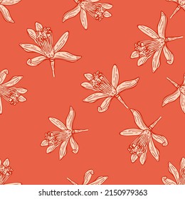 Flores sin foco grabadas. Fondo vintage de jardín florido en estilo dibujado a mano. Textura de diseño de color repetida vectorial para impresión, tela, envoltura, papel pintado, tejido.