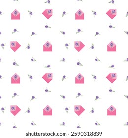 Seamless pattern, flowers in an envelope on a white background, vector illustration
