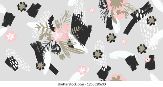 Seamless Pattern of Flowers ,Exotic Leaves and Brush Strokes . Print for Surface , Invitation , Notebook, Banner , Wrap Paper ,Textiles, Cover, Magazine ,Postcard Background ,Textile , Fashion