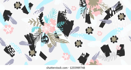 Seamless Pattern of Flowers ,Exotic Leaves and Brush Strokes . Print for Surface , Invitation , Notebook, Banner , Wrap Paper ,Textiles, Cover, Magazine ,Postcard Background ,Textile , Fashion