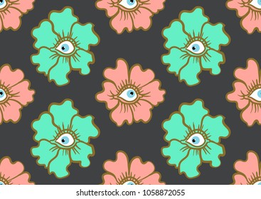 seamless pattern flowers with eyes