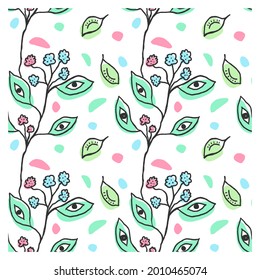 Seamless pattern of flowers, eyes and leaves. Decorative floral elements.