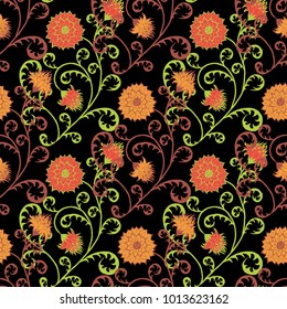 Seamless Pattern with Flowers for Fabric, Textile, Book Cover, Cloth. Vintage Wallpaper Rapport. Summer Feminine Ornament on Black Background. Big Chrysanthemums or Golden-daisy