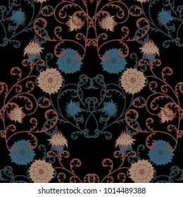 Seamless Pattern with Flowers for Fabric, Textile, Book Cover, Cloth. Vintage Wallpaper Rapport. Summer Feminine Ornament on Black Background. Big Chrysanthemums or Golden-daisy