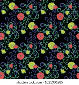 Seamless Pattern with Flowers for Fabric, Textile, Book Cover, Cloth. Vintage Wallpaper Rapport. Summer Feminine Ornament on Black Background. Big Chrysanthemums or Golden-daisy