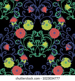 Seamless Pattern with Flowers for Fabric, Textile, Book Cover, Cloth. Vintage Wallpaper Rapport. Summer Feminine Ornament on Black Background. Big Chrysanthemums or Golden-daisy