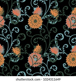 Seamless Pattern with Flowers for Fabric, Textile, Book Cover, Cloth. Vintage Wallpaper Rapport. Summer Feminine Ornament on Black Background. Big Chrysanthemums or Golden-daisy