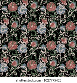 Seamless Pattern with Flowers for Fabric, Textile, Book Cover, Cloth. Vintage Wallpaper Rapport. Summer Feminine Ornament on Black Background. Big Chrysanthemums or Golden-daisy