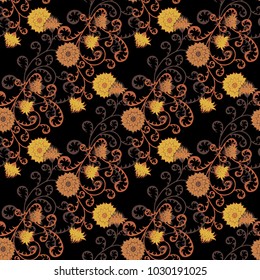 Seamless Pattern with Flowers for Fabric, Textile, Book Cover, Cloth. Vintage Wallpaper Rapport. Summer Feminine Ornament on Black Background. Big Chrysanthemums or Golden-daisy