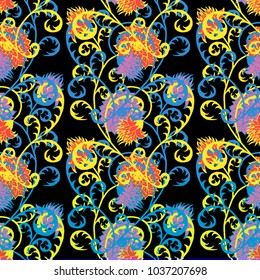 Seamless Pattern with Flowers for Fabric, Textile, Book Cover, Cloth. Vintage Wallpaper Rapport. Summer Feminine Ornament on Black Background. Big Chrysanthemums or Golden-daisy