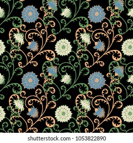 Seamless Pattern with Flowers for Fabric, Textile, Book Cover, Cloth. Vintage Wallpaper Rapport. Summer Feminine Ornament on Black Background. Big Chrysanthemums or Golden-daisy