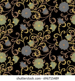 Seamless Pattern with Flowers for Fabric, Textile, Book Cover, Cloth. Vintage Wallpaper Rapport. Summer Feminine Ornament on Black Background. Big Chrysanthemums or Golden-daisy