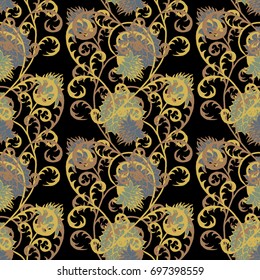 Seamless Pattern with Flowers for Fabric, Textile, Book Cover, Cloth. Vintage Wallpaper Rapport. Summer Feminine Ornament on Black Background. Big Chrysanthemums or Golden-daisy