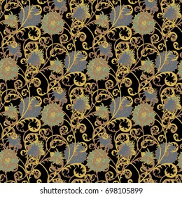 Seamless Pattern with Flowers for Fabric, Textile, Book Cover, Cloth. Vintage Wallpaper Rapport. Summer Feminine Ornament on Black Background. Big Chrysanthemums or Golden-daisy