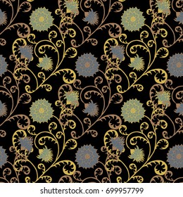 Seamless Pattern with Flowers for Fabric, Textile, Book Cover, Cloth. Vintage Wallpaper Rapport. Summer Feminine Ornament on Black Background. Big Chrysanthemums or Golden-daisy