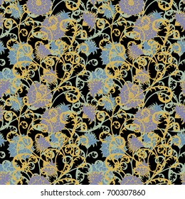 Seamless Pattern with Flowers for Fabric, Textile, Book Cover, Cloth. Vintage Wallpaper Rapport. Summer Feminine Ornament on Black Background. Big Chrysanthemums or Golden-daisy