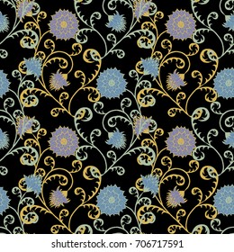 Seamless Pattern with Flowers for Fabric, Textile, Book Cover, Cloth. Vintage Wallpaper Rapport. Summer Feminine Ornament on Black Background. Big Chrysanthemums or Golden-daisy