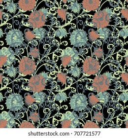 Seamless Pattern with Flowers for Fabric, Textile, Book Cover, Cloth. Vintage Wallpaper Rapport. Summer Feminine Ornament on Black Background. Big Chrysanthemums or Golden-daisy