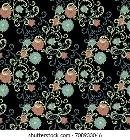 Seamless Pattern with Flowers for Fabric, Textile, Book Cover, Cloth. Vintage Wallpaper Rapport. Summer Feminine Ornament on Black Background. Big Chrysanthemums or Golden-daisy