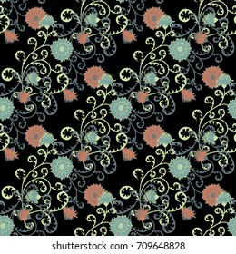 Seamless Pattern with Flowers for Fabric, Textile, Book Cover, Cloth. Vintage Wallpaper Rapport. Summer Feminine Ornament on Black Background. Big Chrysanthemums or Golden-daisy