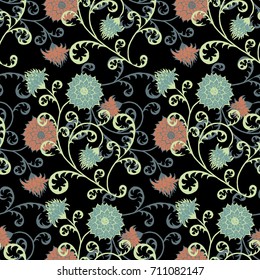 Seamless Pattern with Flowers for Fabric, Textile, Book Cover, Cloth. Vintage Wallpaper Rapport. Summer Feminine Ornament on Black Background. Big Chrysanthemums or Golden-daisy