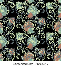 Seamless Pattern with Flowers for Fabric, Textile, Book Cover, Cloth. Vintage Wallpaper Rapport. Summer Feminine Ornament on Black Background. Big Chrysanthemums or Golden-daisy