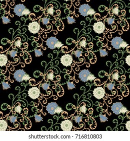 Seamless Pattern with Flowers for Fabric, Textile, Book Cover, Cloth. Vintage Wallpaper Rapport. Summer Feminine Ornament on Black Background. Big Chrysanthemums or Golden-daisy