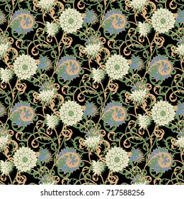 Seamless Pattern with Flowers for Fabric, Textile, Book Cover, Cloth. Vintage Wallpaper Rapport. Summer Feminine Ornament on Black Background. Big Chrysanthemums or Golden-daisy