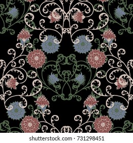 Seamless Pattern with Flowers for Fabric, Textile, Book Cover, Cloth. Vintage Wallpaper Rapport. Summer Feminine Ornament on Black Background. Big Chrysanthemums or Golden-daisy