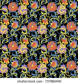 Seamless Pattern with Flowers for Fabric, Textile, Book Cover, Cloth. Vintage Wallpaper Rapport. Summer Feminine Ornament on Black Background. Big Chrysanthemums or Golden-daisy