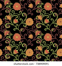 Seamless Pattern with Flowers for Fabric, Textile, Book Cover, Cloth. Vintage Wallpaper Rapport. Summer Feminine Ornament on Black Background. Big Chrysanthemums or Golden-daisy