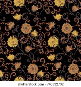 Seamless Pattern with Flowers for Fabric, Textile, Book Cover, Cloth. Vintage Wallpaper Rapport. Summer Feminine Ornament on Black Background. Big Chrysanthemums or Golden-daisy