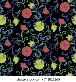 Seamless Pattern with Flowers for Fabric, Textile, Book Cover, Cloth. Vintage Wallpaper Rapport. Summer Feminine Ornament on Black Background. Big Chrysanthemums or Golden-daisy