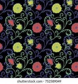 Seamless Pattern with Flowers for Fabric, Textile, Book Cover, Cloth. Vintage Wallpaper Rapport. Summer Feminine Ornament on Black Background. Big Chrysanthemums or Golden-daisy