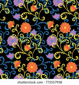 Seamless Pattern with Flowers for Fabric, Textile, Book Cover, Cloth. Vintage Wallpaper Rapport. Summer Feminine Ornament on Black Background. Big Chrysanthemums or Golden-daisy