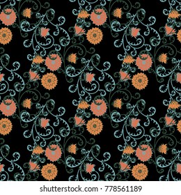 Seamless Pattern with Flowers for Fabric, Textile, Book Cover, Cloth. Vintage Wallpaper Rapport. Summer Feminine Ornament on Black Background. Big Chrysanthemums or Golden-daisy