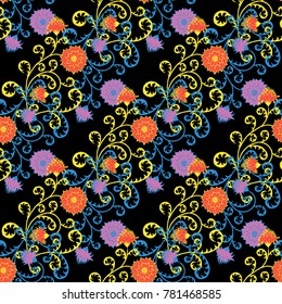 Seamless Pattern with Flowers for Fabric, Textile, Book Cover, Cloth. Vintage Wallpaper Rapport. Summer Feminine Ornament on Black Background. Big Chrysanthemums or Golden-daisy
