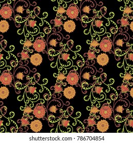 Seamless Pattern with Flowers for Fabric, Textile, Book Cover, Cloth. Vintage Wallpaper Rapport. Summer Feminine Ornament on Black Background. Big Chrysanthemums or Golden-daisy