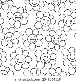 Seamless pattern with flowers with faces in doodle groovy style in vector. Element for decoration postcards poster print background backdrop wrapping wallpaper banner